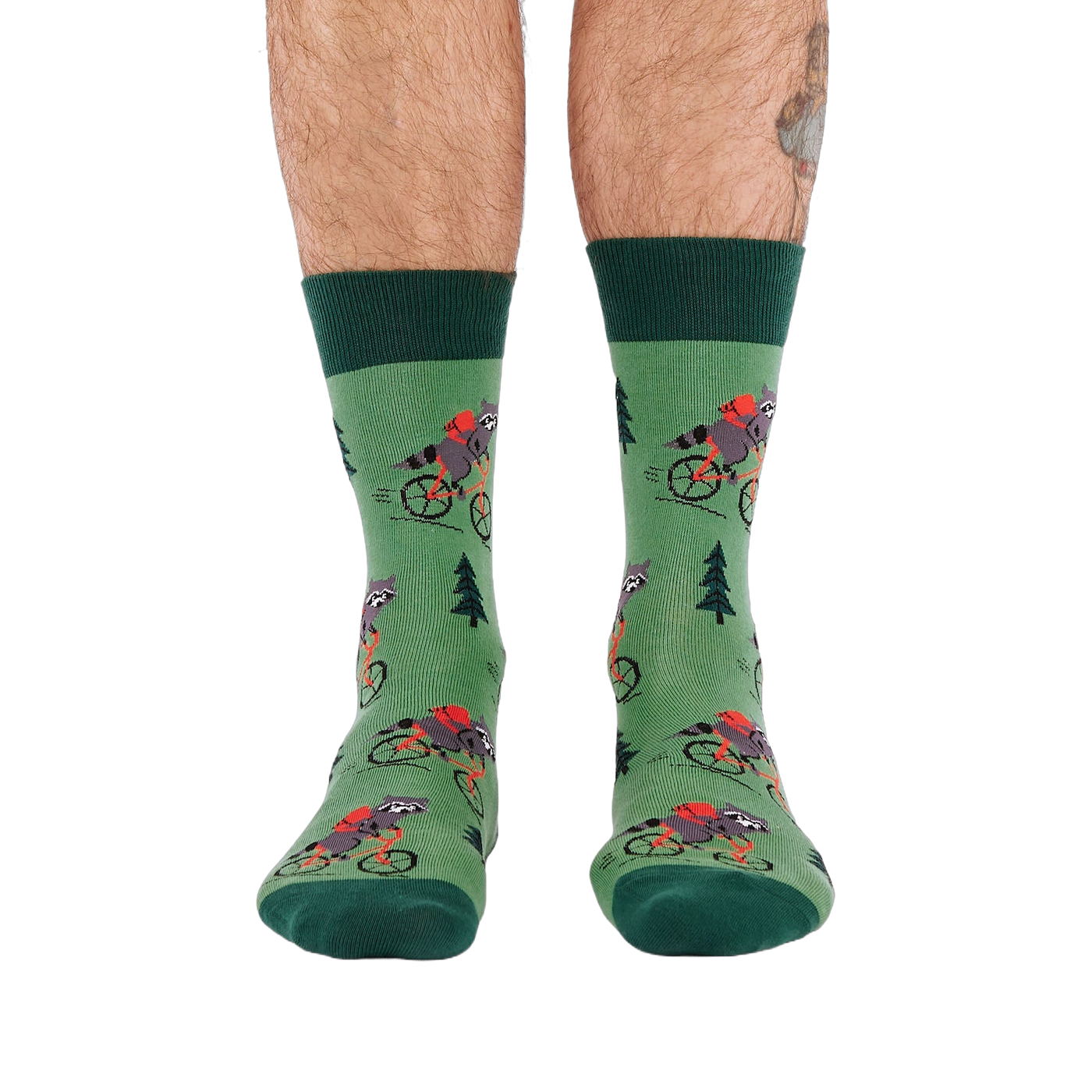 Person's lower legs and feet, seen from the front, wearing green raccoon bicycle socks. White background.