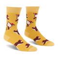 Pair of crew socks in mustard yellow with an all-over pattern of brown and white flying squirrels wearing red caps, shown against a white background.