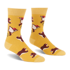 Pair of crew socks in mustard yellow with an all-over pattern of brown and white flying squirrels wearing red caps, shown against a white background.