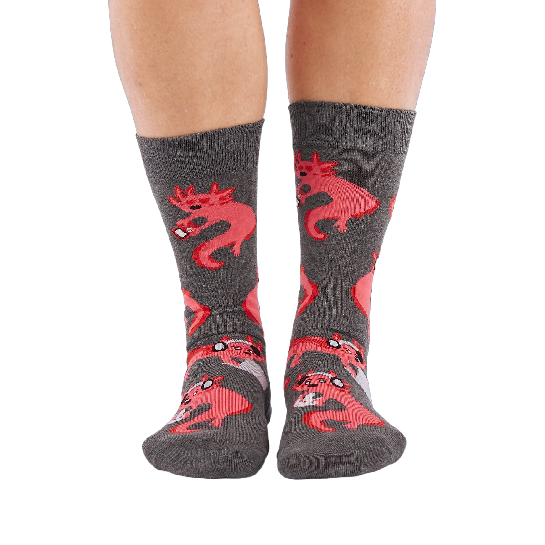 Full-length shot of a person's legs, viewed from the front, wearing grey axolotl gaming crew socks on a white background.