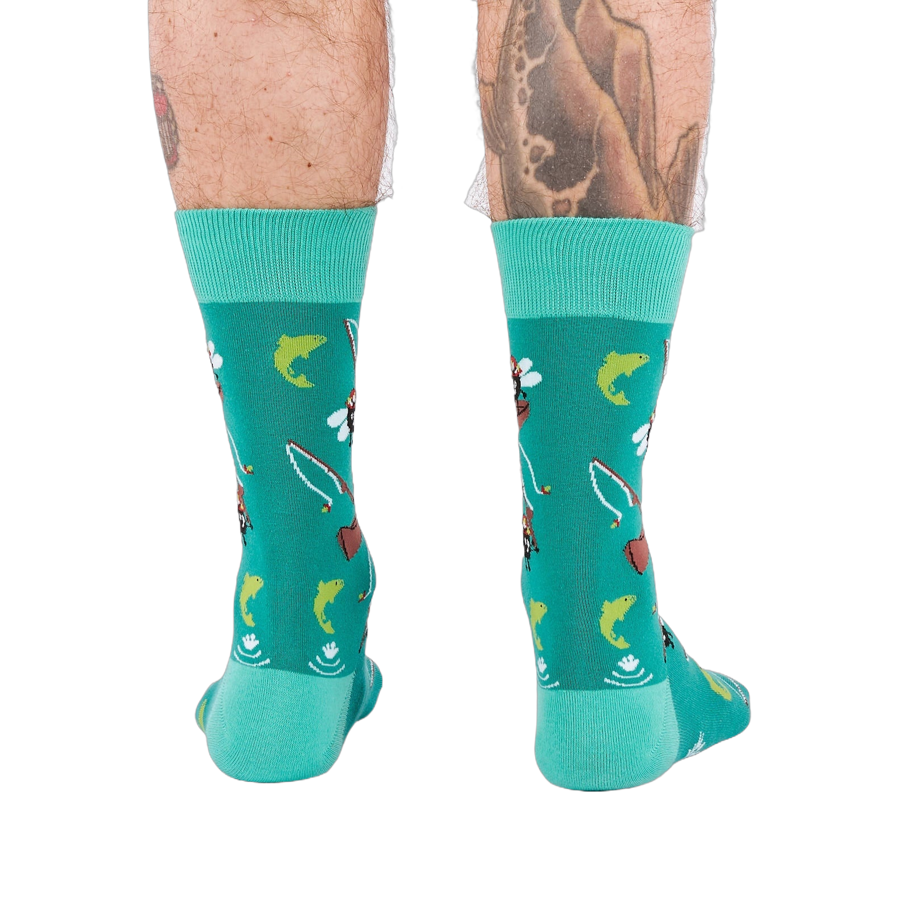 Back view of a person wearing teal fly fishing socks, showing leg hair and tattoos on both calves.