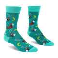 Pair of teal crew socks showing cartoon flies fly fishing from canoes with green and yellow fish leaping.
