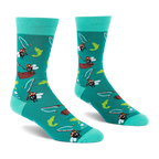 Pair of teal crew socks showing cartoon flies fly fishing from canoes with green and yellow fish leaping.