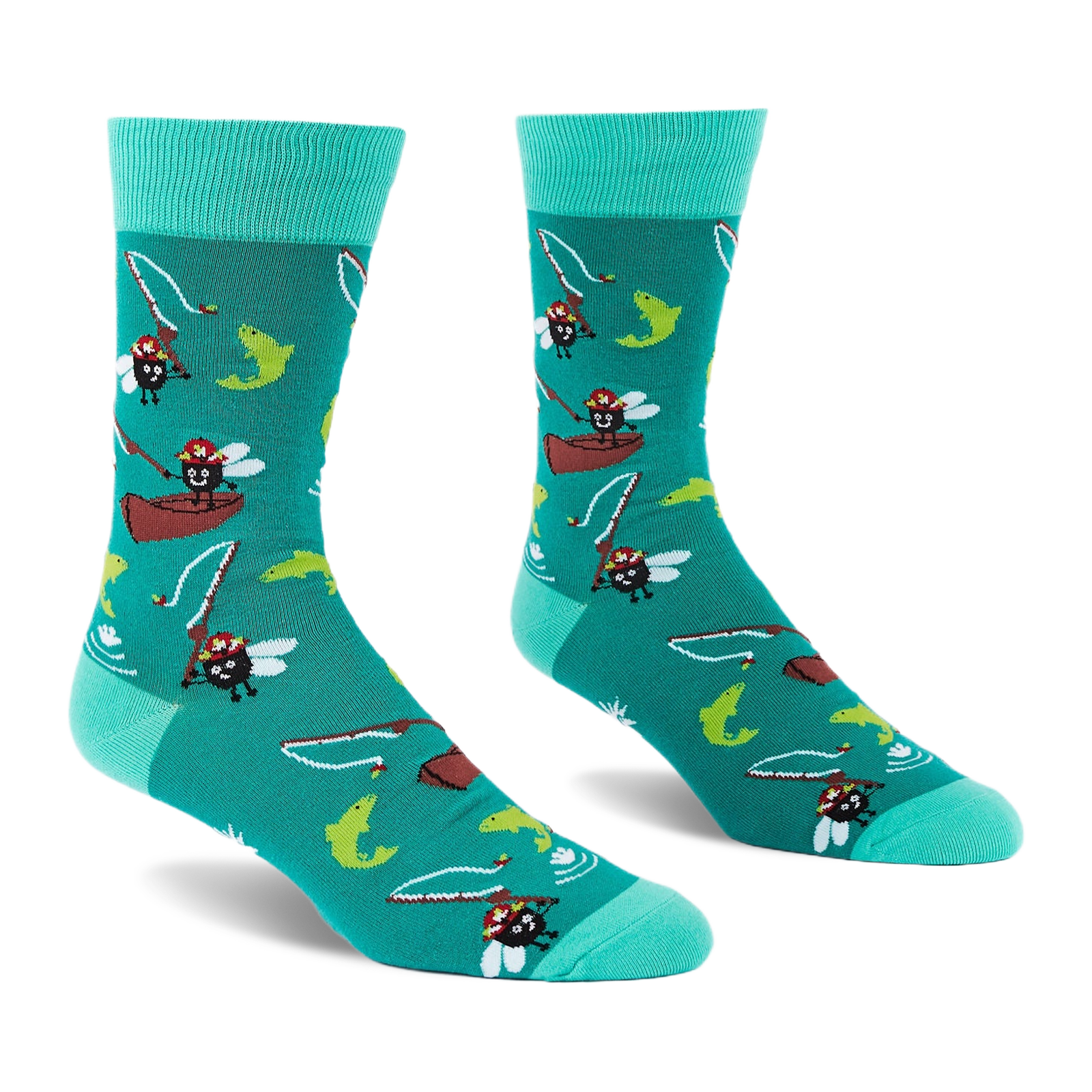 Pair of teal crew socks showing cartoon flies fly fishing from canoes with green and yellow fish leaping.