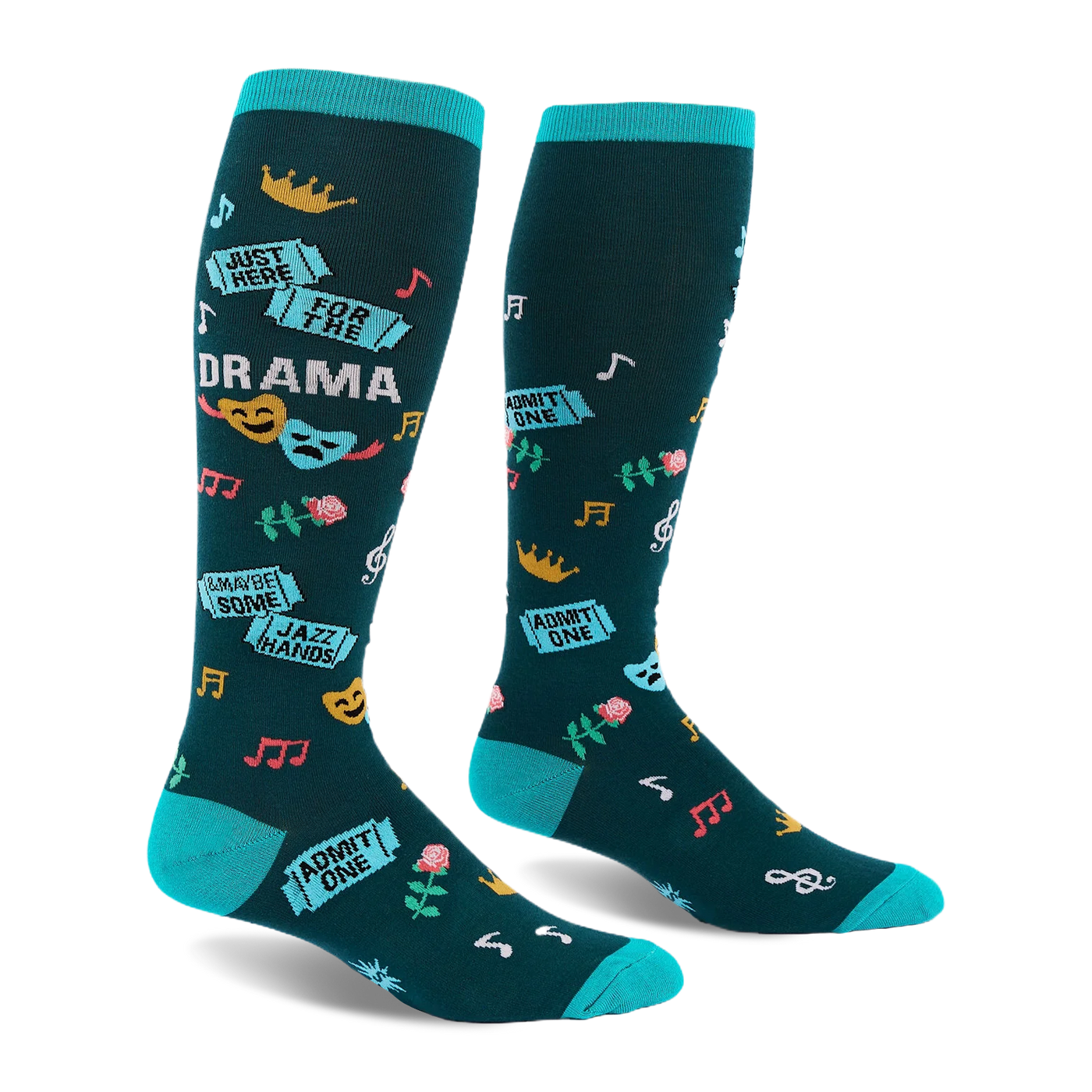 Dark teal knee-high socks with bright turquoise accents, featuring theater masks, roses, tickets, and drama text.