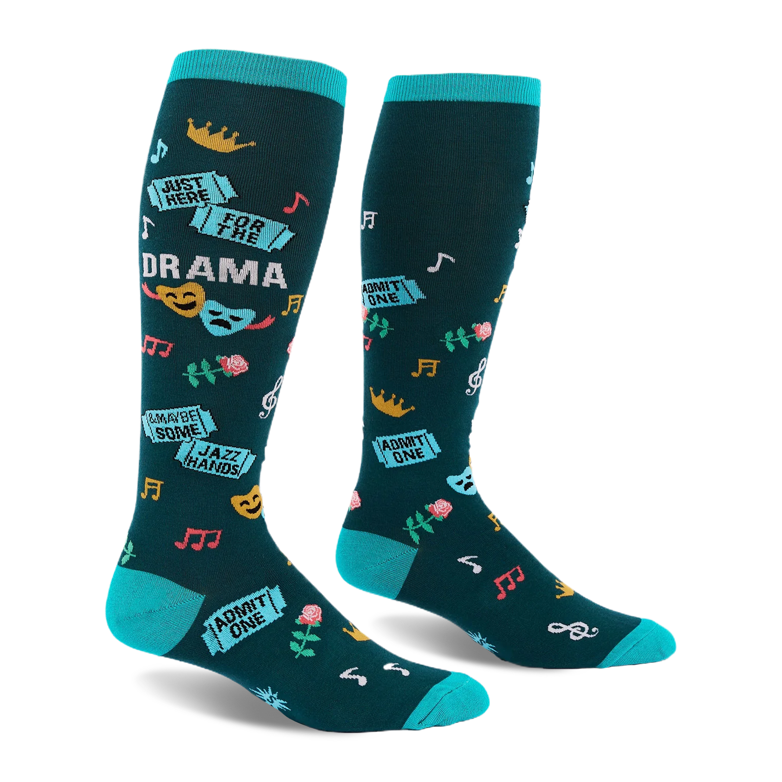 Dark teal knee-high socks with bright turquoise accents, featuring theater masks, roses, tickets, and drama text.