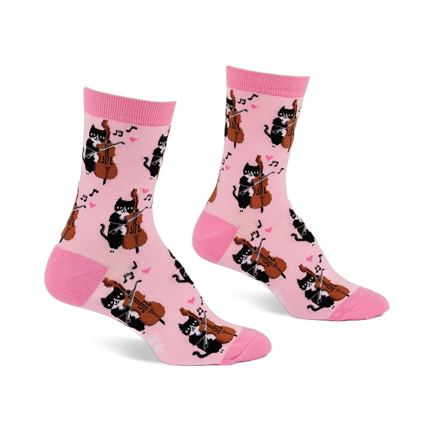 Pair of light pink crew socks with a repeating pattern of black cats playing string instruments, pink hearts, and music notes.