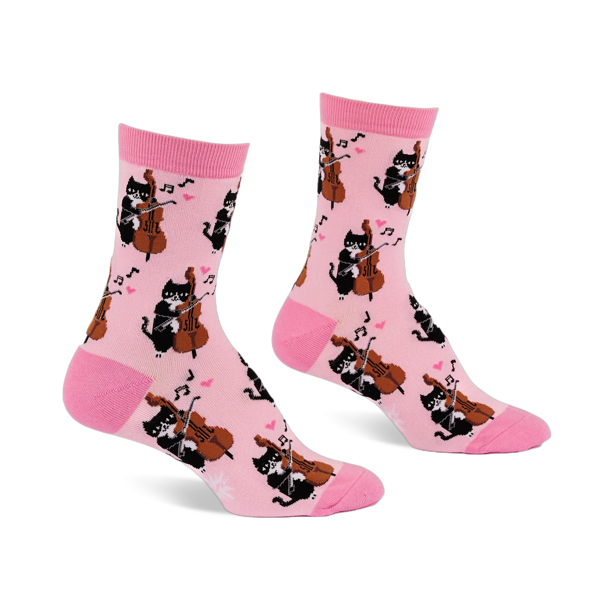 Pair of light pink crew socks with a repeating pattern of black cats playing string instruments, pink hearts, and music notes.