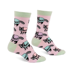 Pair of pink crew socks with light green accents, featuring a repeating pattern of cartoon raccoons and pastel macarons.