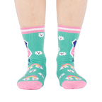 Front view of a person's legs wearing teal 'Hiking Club' crew socks. Both socks display the cloud pattern and 'Out of Breath' text.