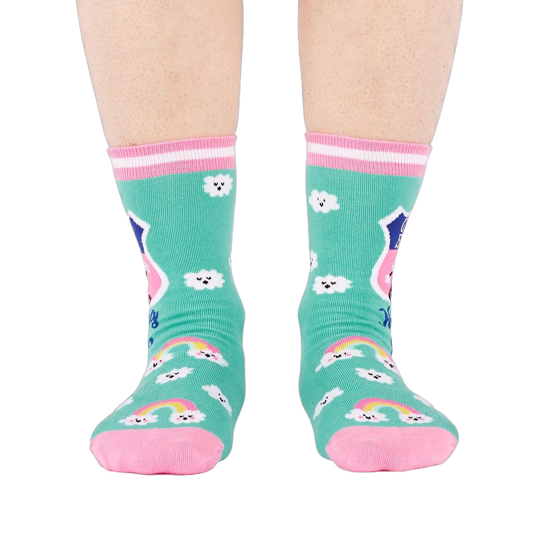 Front view of a person's legs wearing teal 'Hiking Club' crew socks. Both socks display the cloud pattern and 'Out of Breath' text.