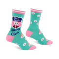 Pair of teal crew socks with pink toes, heels, and striped cuffs. Features a cloud in hiking boots, smiling white clouds, and rainbows.