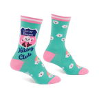 Pair of teal crew socks with pink toes, heels, and striped cuffs. Features a cloud in hiking boots, smiling white clouds, and rainbows.
