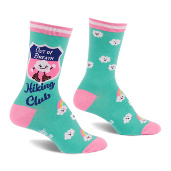 Pair of teal crew socks with pink toes, heels, and striped cuffs. Features a cloud in hiking boots, smiling white clouds, and rainbows.