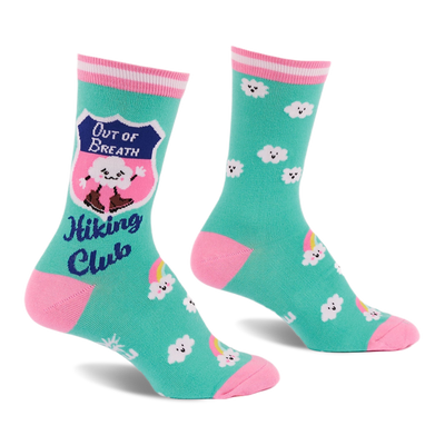Pair of teal crew socks with pink toes, heels, and striped cuffs. Features a cloud in hiking boots, smiling white clouds, and rainbows.
