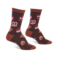 Pair of brown crew socks with light brown cuffs, heels, and toes, covered in a pattern of cupcakes, pretzels, and chocolate.