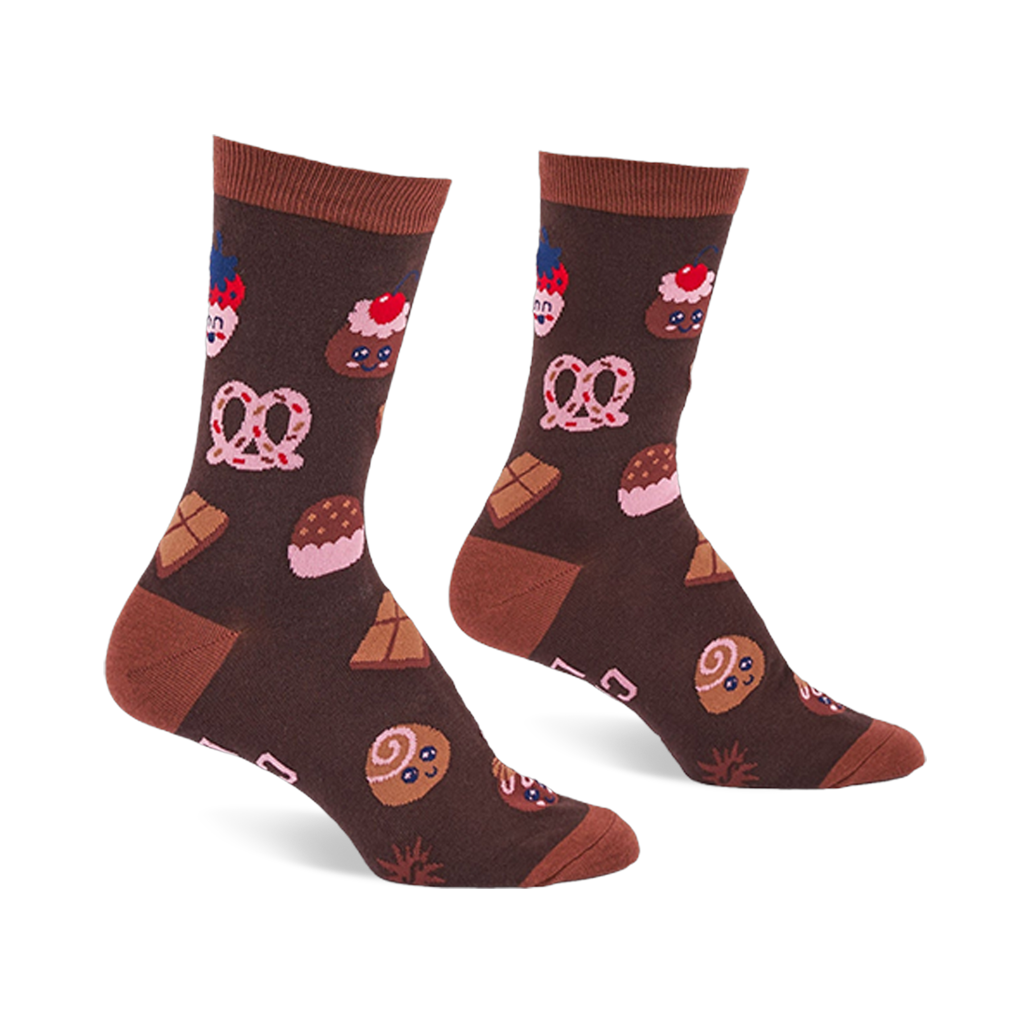 Pair of brown crew socks with light brown cuffs, heels, and toes, covered in a pattern of cupcakes, pretzels, and chocolate.
