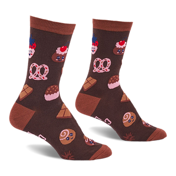 Pair of brown crew socks with light brown cuffs, heels, and toes, covered in a pattern of cupcakes, pretzels, and chocolate.