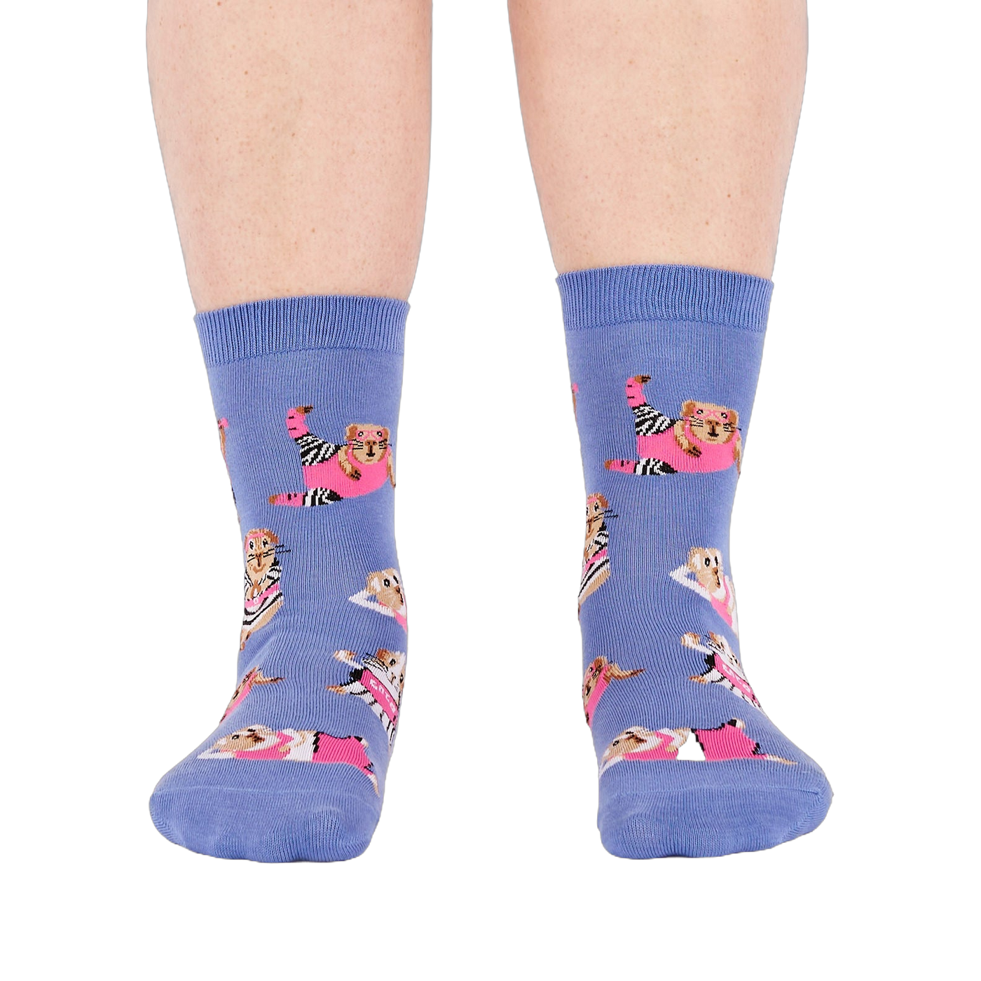 Person's feet wearing periwinkle crew socks with a guinea pig workout pattern, viewed from the front on white.
