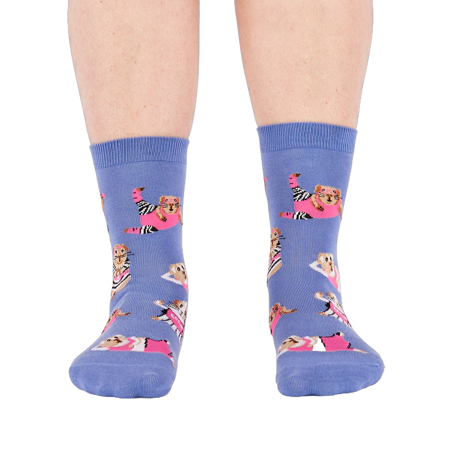 Person's feet wearing periwinkle crew socks with a guinea pig workout pattern, viewed from the front on white.