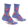 Pair of periwinkle blue crew socks with a pattern of guinea pigs in pink workout gear and headbands, lifting small weights.
