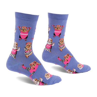 Pair of periwinkle blue crew socks with a pattern of guinea pigs in pink workout gear and headbands, lifting small weights.