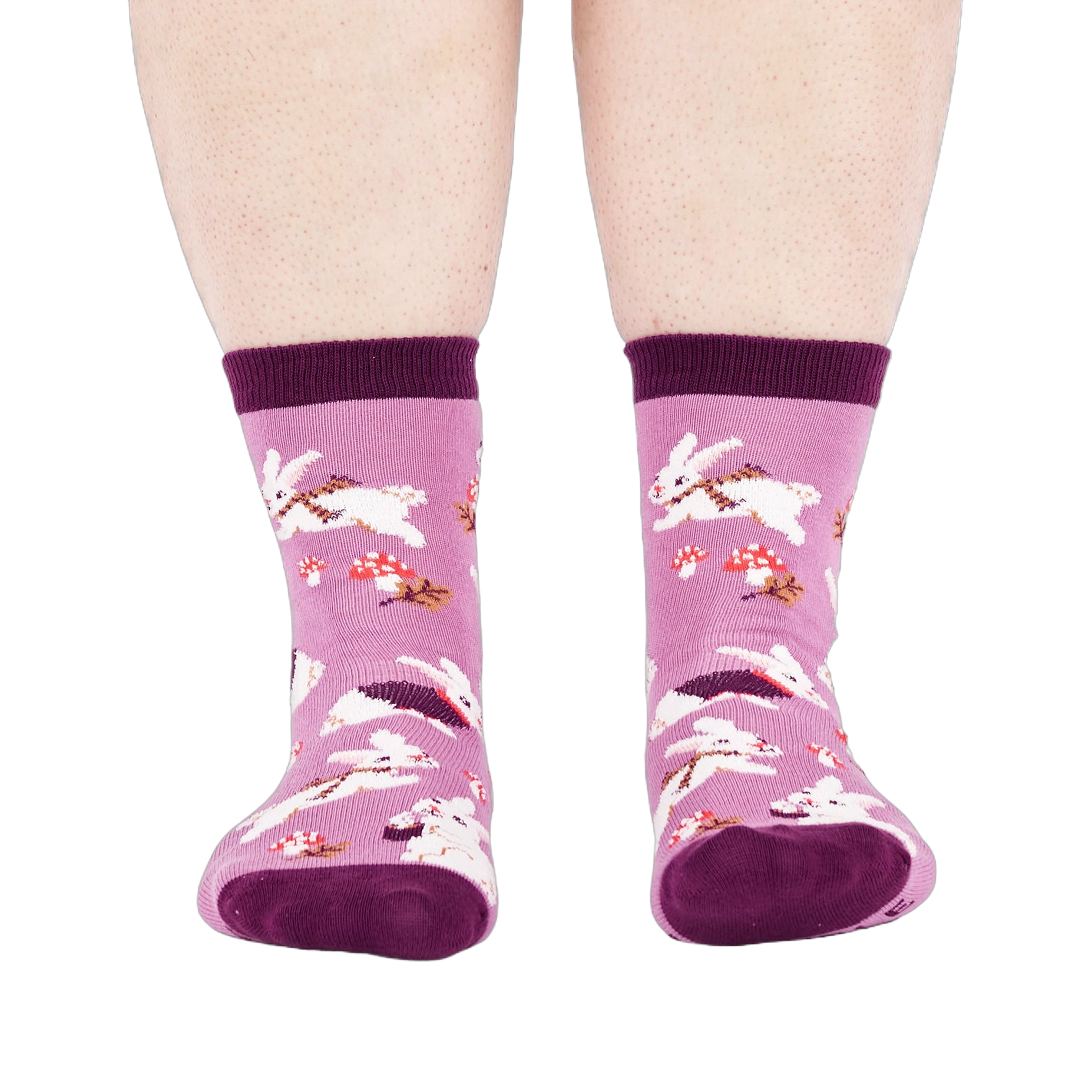 Person wearing the lavender 'Snuggle Bunny' crew socks, viewed from the front, showing leg and foot.