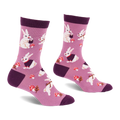 Pair of crew socks in soft lavender with white bunnies, some in dark purple vests, red mushrooms, and dark purple accents.