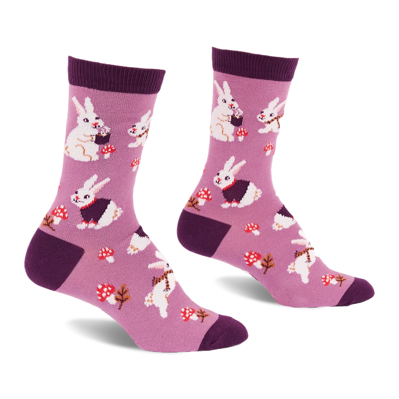 Pair of crew socks in soft lavender with white bunnies, some in dark purple vests, red mushrooms, and dark purple accents.