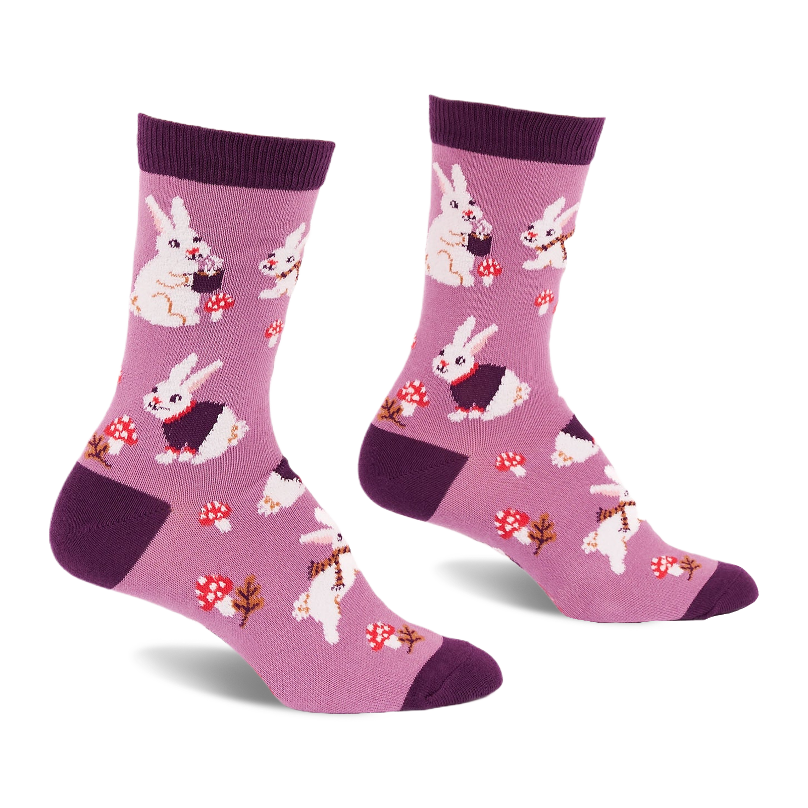 Pair of crew socks in soft lavender with white bunnies, some in dark purple vests, red mushrooms, and dark purple accents.