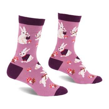 Pair of crew socks in soft lavender with white bunnies, some in dark purple vests, red mushrooms, and dark purple accents.