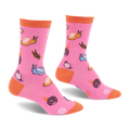 Bright pink crew socks featuring a pattern of colorful jelly candy snails and candy swirls with an orange cuff, heel, and toe.