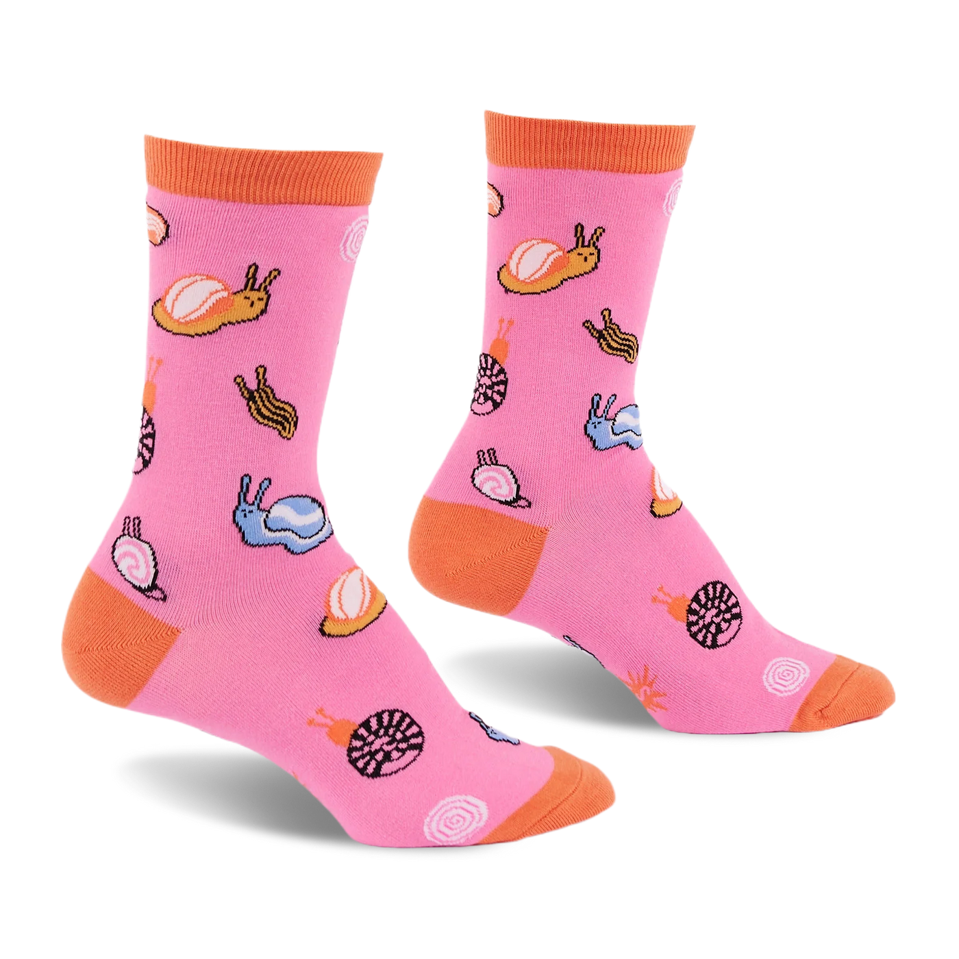 Bright pink crew socks featuring a pattern of colorful jelly candy snails and candy swirls with an orange cuff, heel, and toe.