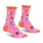 Bright pink crew socks featuring a pattern of colorful jelly candy snails and candy swirls with an orange cuff, heel, and toe.