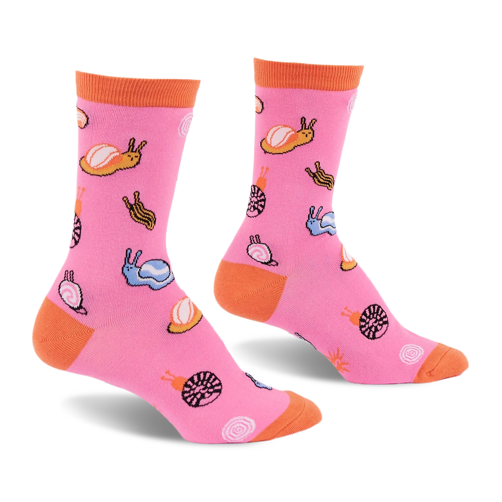 Bright pink crew socks featuring a pattern of colorful jelly candy snails and candy swirls with an orange cuff, heel, and toe.