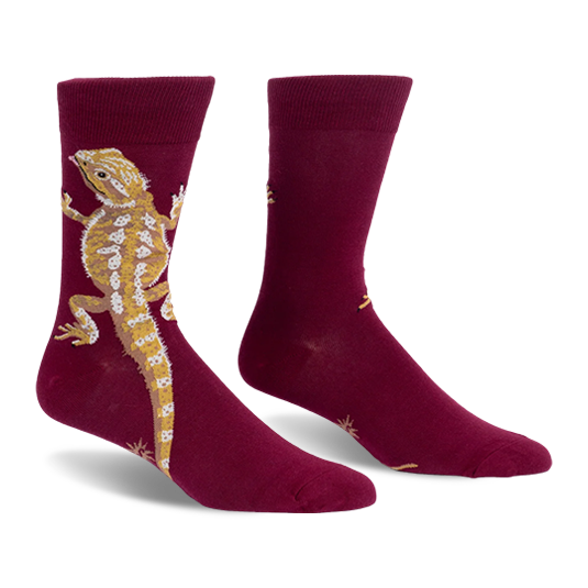 Burgundy crew socks with a large tan and yellow bearded dragon climbing up the outer side and a long tail pointing down.