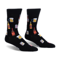 Black crew socks featuring a pattern of frothy beer mugs, brown bottles, yellow bottles, and silver IPA beer cans.