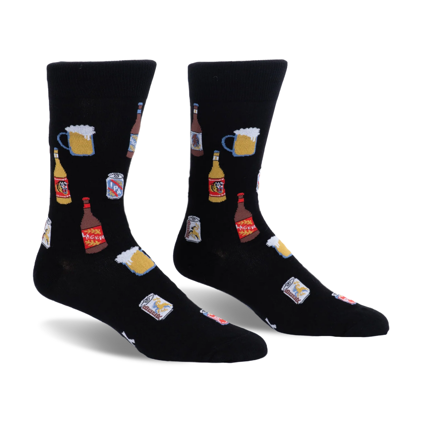 Black crew socks featuring a pattern of frothy beer mugs, brown bottles, yellow bottles, and silver IPA beer cans.