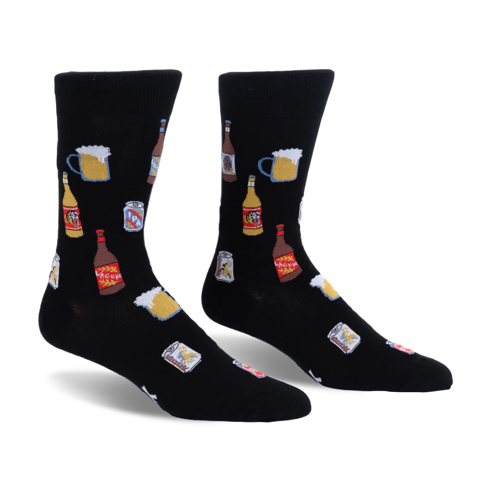 Black crew socks featuring a pattern of frothy beer mugs, brown bottles, yellow bottles, and silver IPA beer cans.