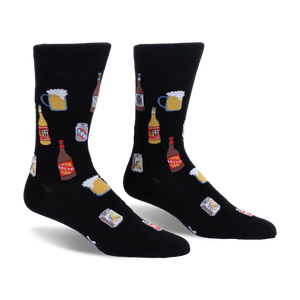 Black crew socks featuring a pattern of frothy beer mugs, brown bottles, yellow bottles, and silver IPA beer cans.