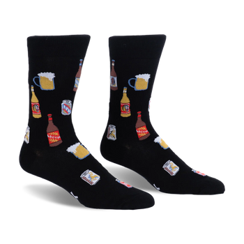 Black crew socks featuring a pattern of frothy beer mugs, brown bottles, yellow bottles, and silver IPA beer cans.