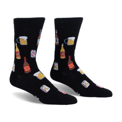 Black crew socks featuring a pattern of frothy beer mugs, brown bottles, yellow bottles, and silver IPA beer cans.
