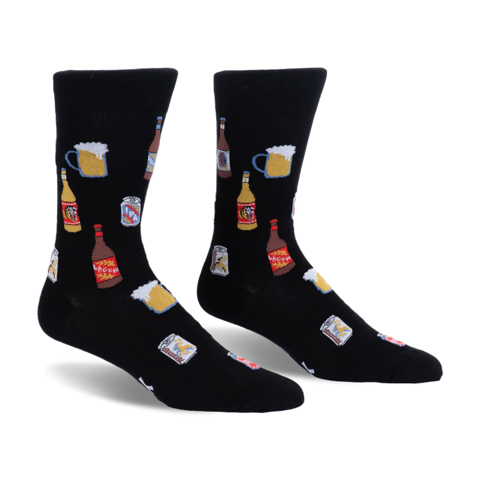 Black crew socks featuring a pattern of frothy beer mugs, brown bottles, yellow bottles, and silver IPA beer cans.