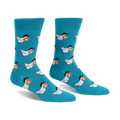 Bright teal crew socks displaying a pattern of white chickens wearing black hats and carrying round waffles with butter.