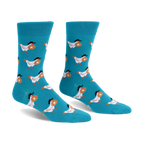 Bright teal crew socks displaying a pattern of white chickens wearing black hats and carrying round waffles with butter.