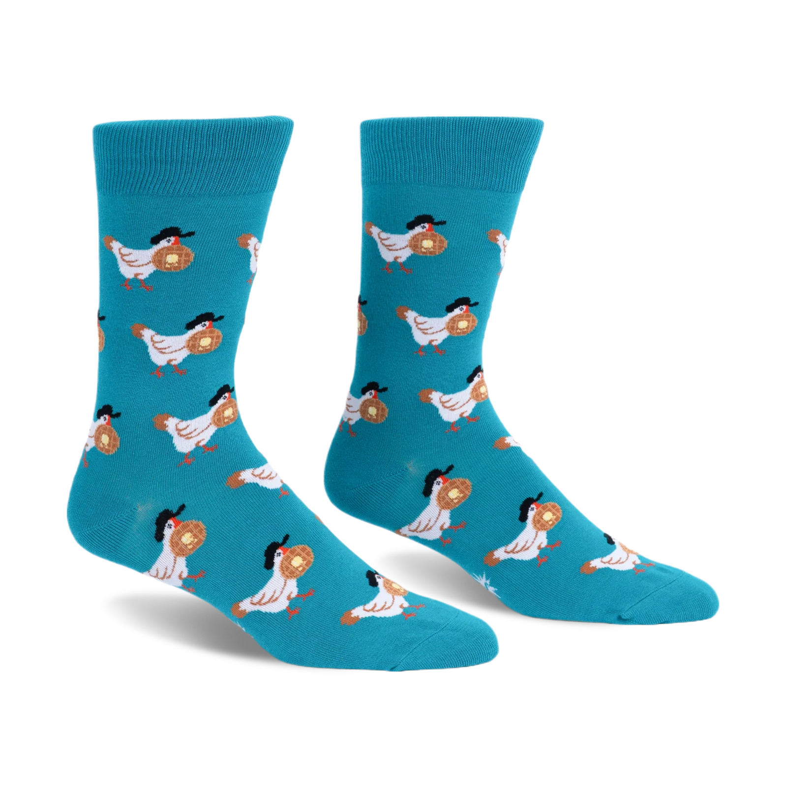 Bright teal crew socks displaying a pattern of white chickens wearing black hats and carrying round waffles with butter.