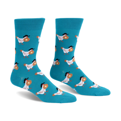 Bright teal crew socks displaying a pattern of white chickens wearing black hats and carrying round waffles with butter.