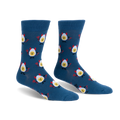 Dark blue crew socks with a repeating pattern of deviled eggs featuring yellow faces, red devil horns, tails and pitchforks.