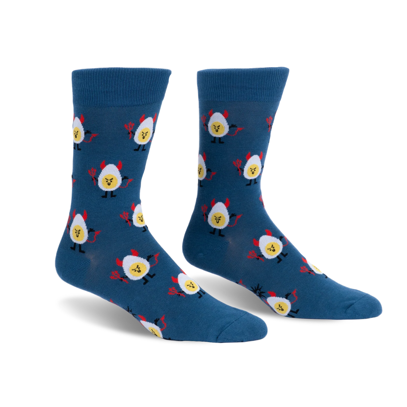Dark blue crew socks with a repeating pattern of deviled eggs featuring yellow faces, red devil horns, tails and pitchforks.