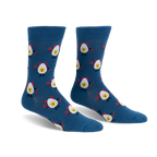 Dark blue crew socks with a repeating pattern of deviled eggs featuring yellow faces, red devil horns, tails and pitchforks.
